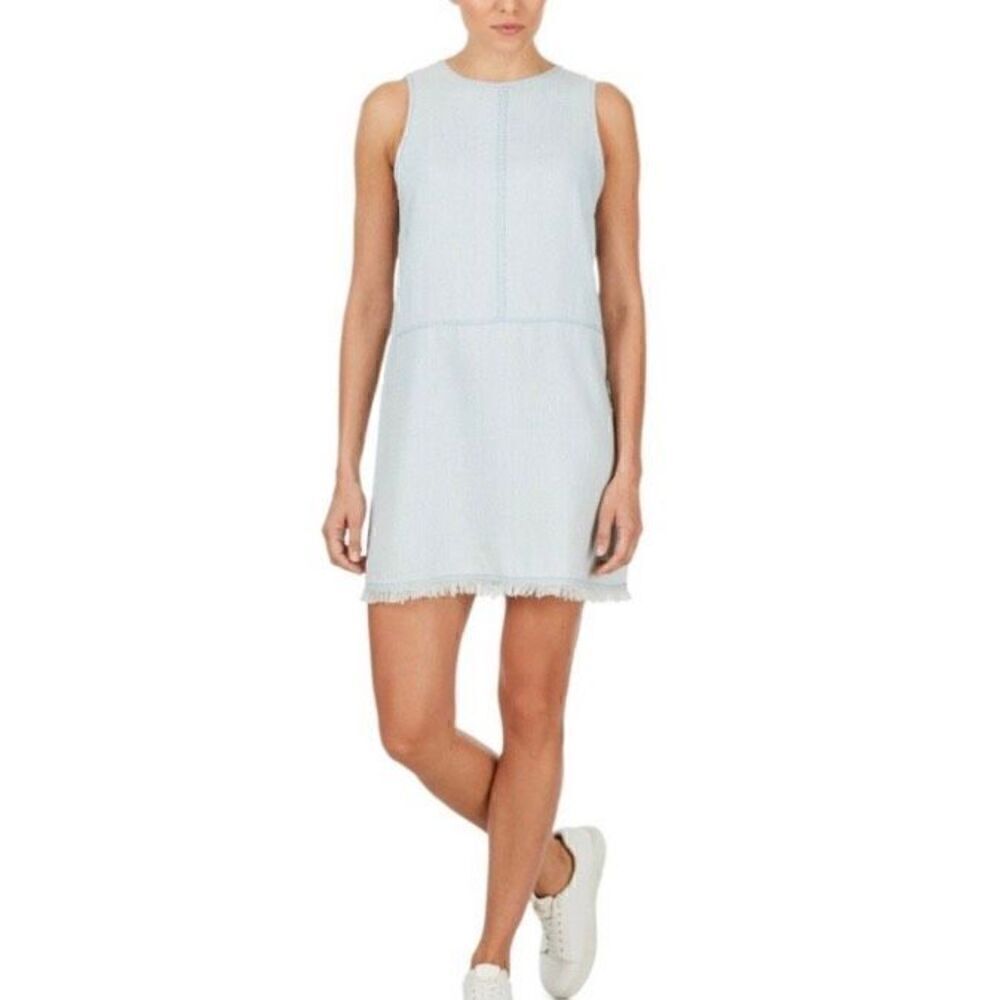 Adyson Parker Pale Chambray Shift Dress Raw Hem Linen Blend L